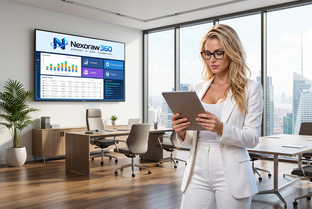 Sofía, de Nexoraw 360, revisa los indicadores de la empresa en su tablet dentro de una oficina corporativa